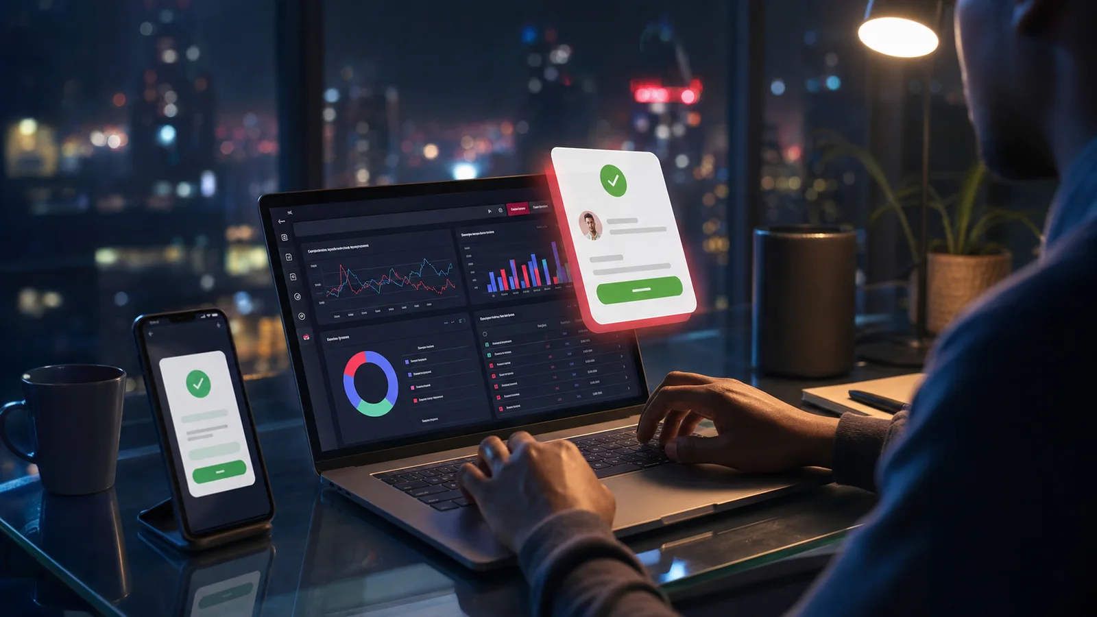 Hands building a dashboard with a phone confirmation card